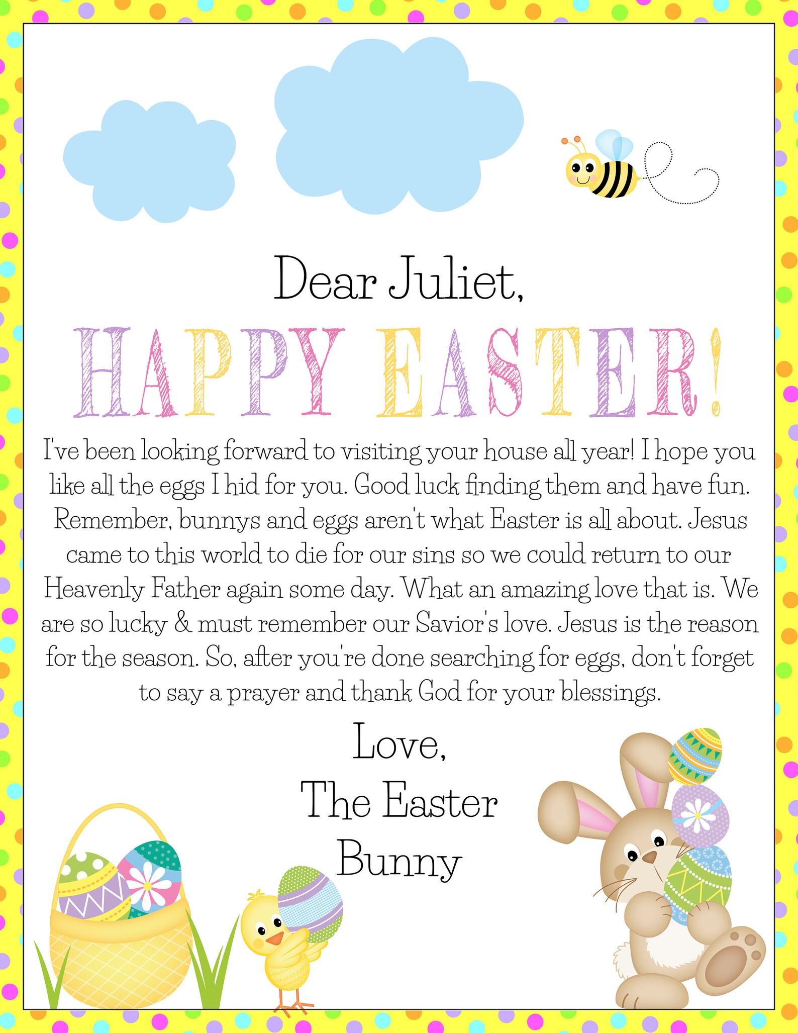 Easter Bunny Letter Template Kids Easter Letter for Basket Etsy