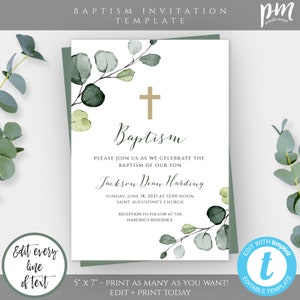 Eucalyptus Baptism Invitation Template, Boy Baptism Invitation, Greenery Baptism, Christening Invitation, Editable Template Download, BAP8