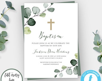 Eucalyptus Baptism Invitation Template, Boy Baptism Invitation, Greenery Baptism, Christening Invitation, Editable Template Download, BAP8