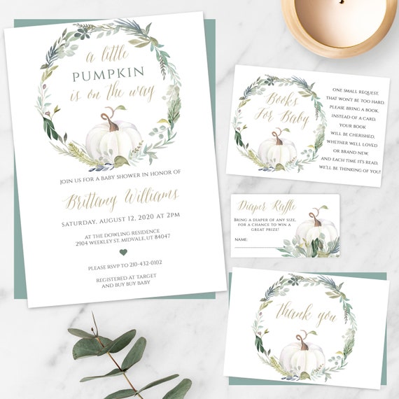 Gender Neutral A Little Pumpkin is on the Way Baby Shower Invitation Template Set, Printable Fall Shower Invite Watercolor White Pumpkin WPS