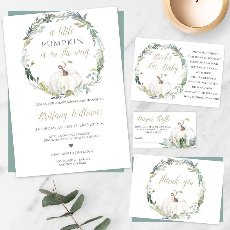 May include: A baby shower invitation with a watercolor illustration of a pumpkin in a wreath of greenery. The invitation reads "a little pumpkin is on the way" and includes the name "Brittany Williams", the date and time of the shower, and the address. There are also cards for a book and diaper raffle.
