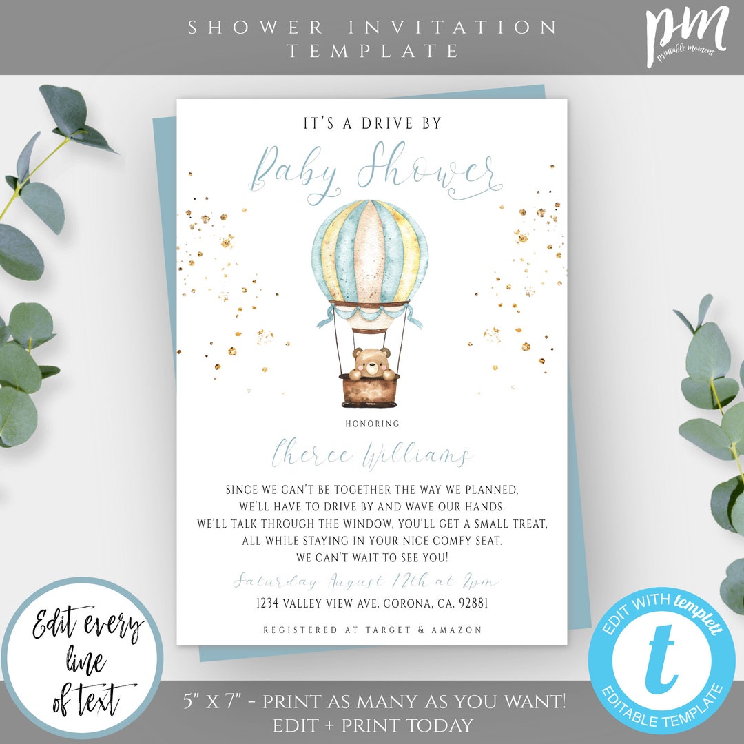 Blue Teddy Bear Drive by Baby Shower Parade Invitation Template for Boy