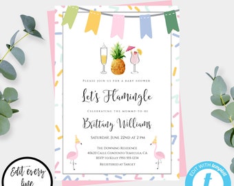 Let's Flamingle Baby Shower Invitation Template, Flamingo Invitation for Baby Girl Shower, Editable Invitation, Printable Baby Shower, 5x7