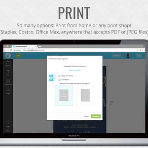 Puede incluir: Captura de pantalla de una computadora que muestra un sitio web para crear e imprimir invitaciones. El sitio web se llama "Template Designer" y el texto "Opciones de descarga de PDF" es visible. El usuario puede elegir descargar un PDF de alta calidad de 300 ppp para imprimir, mostrar marcas de recorte y ahorrar papel.