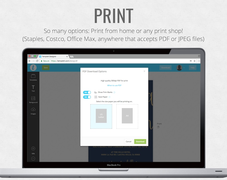 Puede incluir: Captura de pantalla de una computadora que muestra un sitio web para crear e imprimir invitaciones. El sitio web se llama "Template Designer" y el texto "Opciones de descarga de PDF" es visible. El usuario puede elegir descargar un PDF de alta calidad de 300 ppp para imprimir, mostrar marcas de recorte y ahorrar papel.
