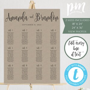 Rustic Script Wedding Seating Chart Template, Wedding Seating Sign, Seating Template, Printable Seating Chart, DIY Seating Chart, WBCR