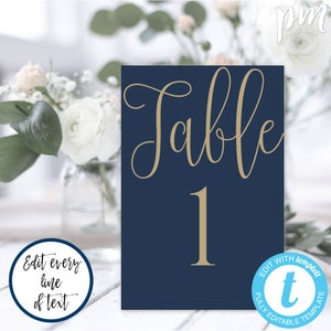 Blue and Gold Table Number Template, Wedding Printable, Navy and Gold Table Number Cards, DIY Editable Download, Rustic Wedding, WBBG