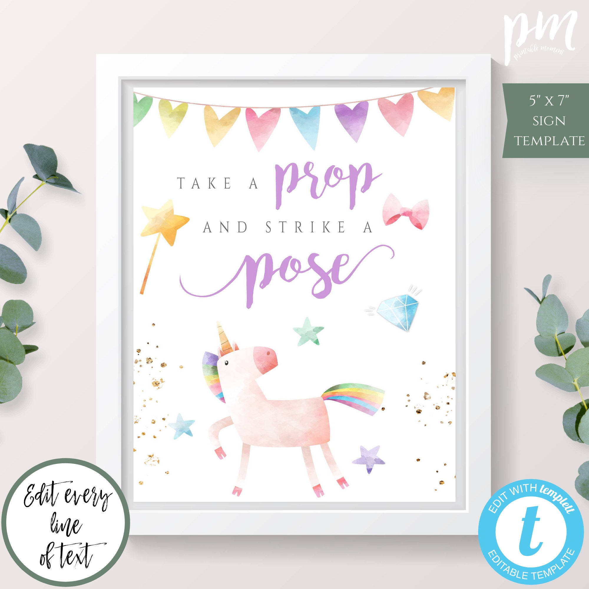 Unicorn Photo Booth Prop Sign Printable Template for Girls Birthday Unicorn Party Magical Birthday Rainbow Gold Glitter Sign