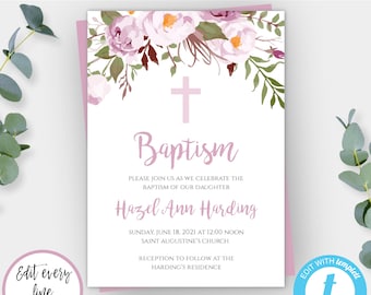 Floral Purple Baptism Invitation Template Girl Baptism Invite, Watercolor Invitation, Christening Invite, INSTANT DOWNLOAD, Editable BAP6