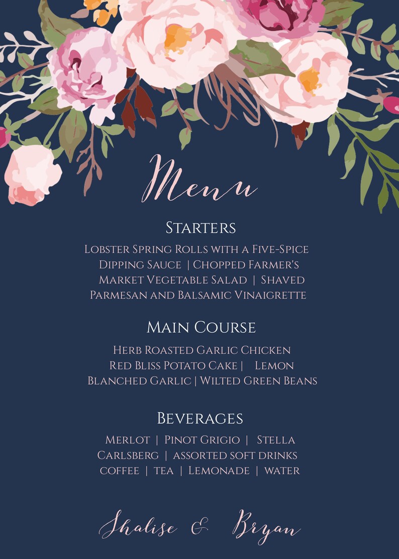 Menu Card Editable Wedding Menu WBBP Fully Editable DIY Menu Printable Food Menu Sign 5 x 7 Pink Wedding Dinner Menu Template Blue