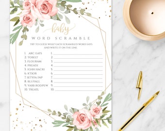Pink Floral Baby Word Scramble Game Template, Pink Floral Baby Shower Game, Geometric Shower Game, Instant Download, Printable Game, BSBG