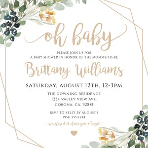 Greenery Oh Baby Invitation Template Set, Editable Gold Geometric Baby ...
