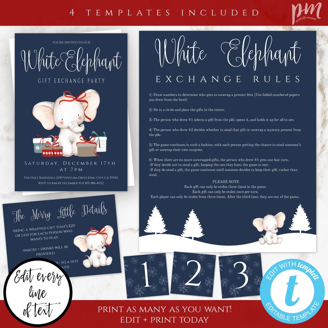 White Elephant Party Template Set, Gift Exchange Party Invitation White Elephant Party Template Set, Gift Exchange Party Invitation