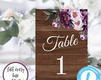 Rustikale Tischnummer Vorlage, Lila Florale Tischnummer, Tischnummer Karte, Bearbeiten + Selbst drucken, versuchen Sie, bevor Sie kaufen Sofort Download WBRP