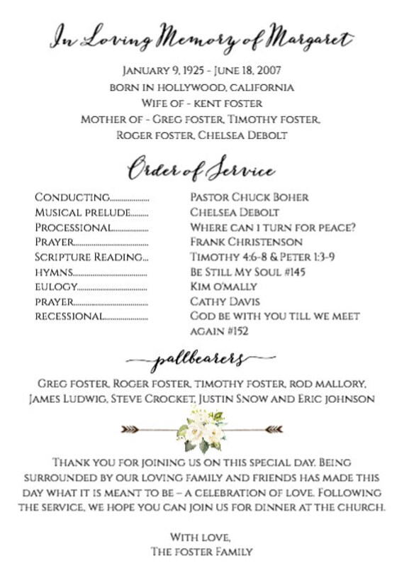 Sample Funeral Program Order Of Service