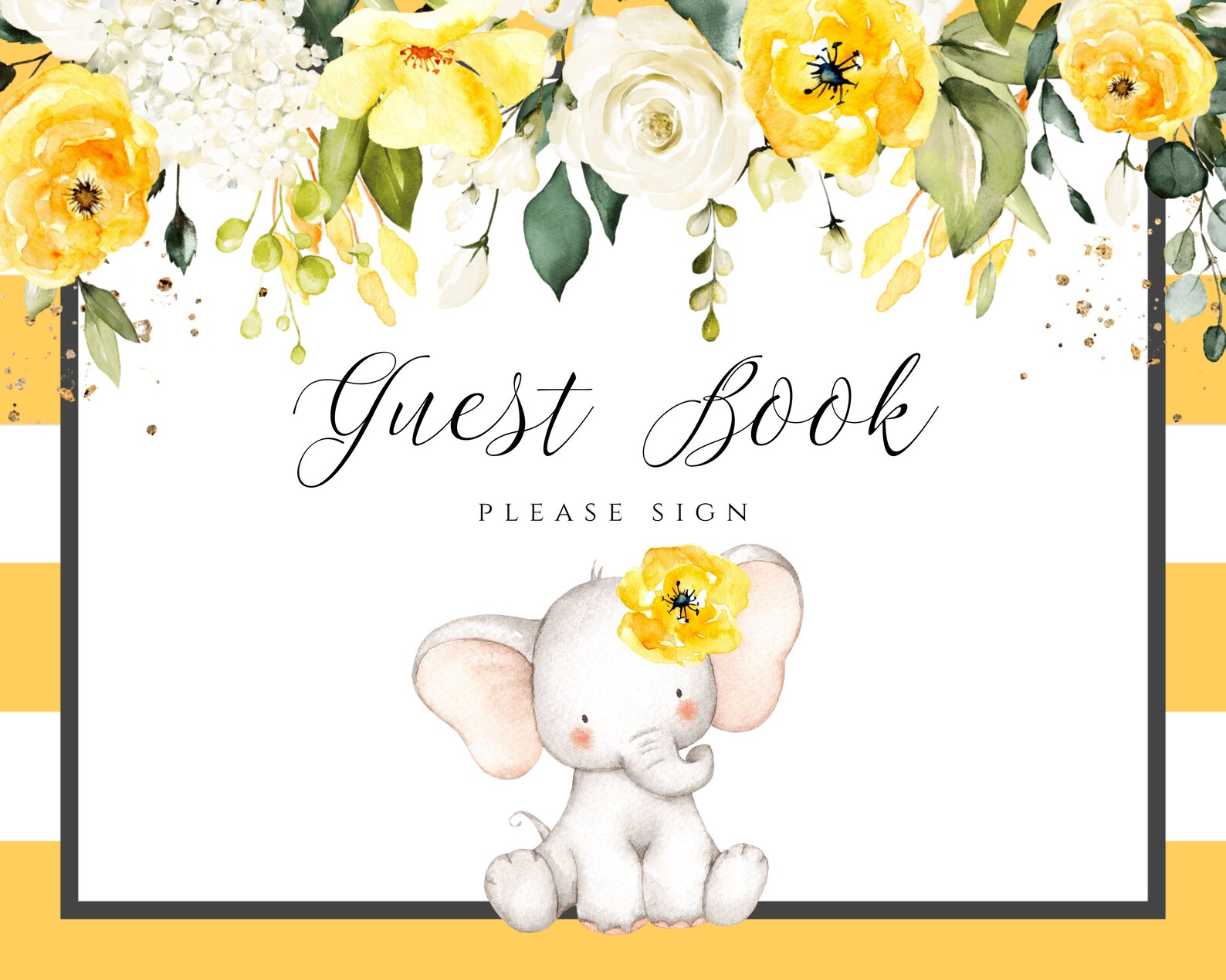 Elephant Baby Shower Guestbook Sign Template for Girl Yellow Etsy