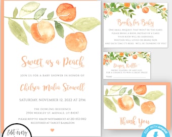 Sweet as a Peach Baby Shower Invitation Template Set, Watercolor Peach Baby Shower Invite, DIY Editable Invite, Printable Invite, BS2PF