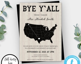 Going Away Party Invitations with Map, Farewell Party, Retirement Invitation, Goodbye Party, Moving Away Bon Voyage Going South Bye Y'all GA