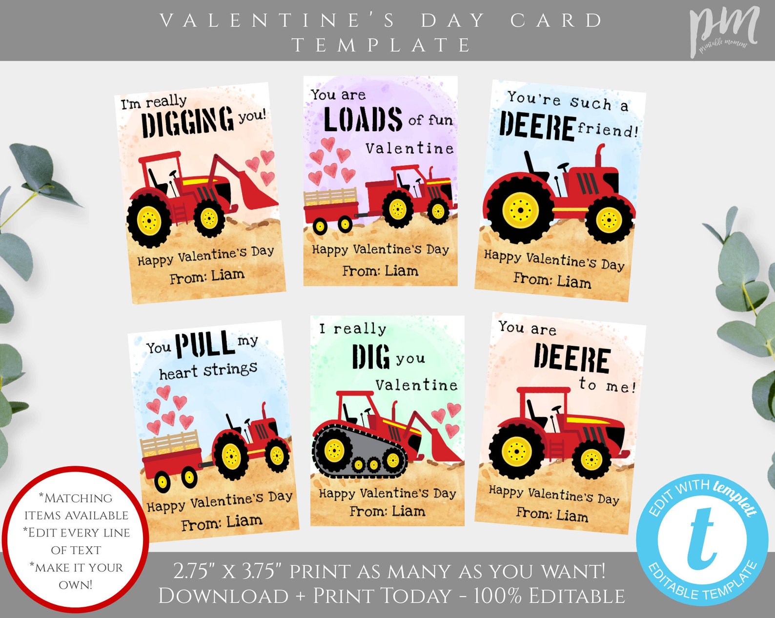 Red Tractor Valentines Day Card Template Tractor Valentines | Etsy