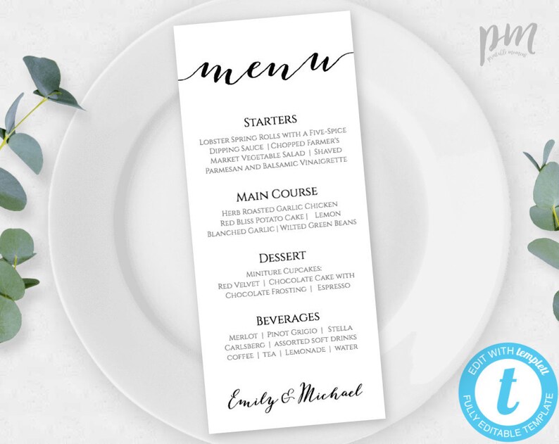 Wedding Menu Printable Template, Printable Menu, Wedding Menu, Kraft Menu, Editable Menu, Instant Download, Script Menu Template image 1