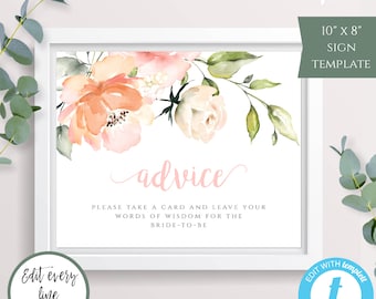 Peach Floral Advice Sign Template, Peach Advice Sign, Bridal Shower Advice Sign, Baby Shower Advice Sign, DIY Boho Advice Sign, WSB2