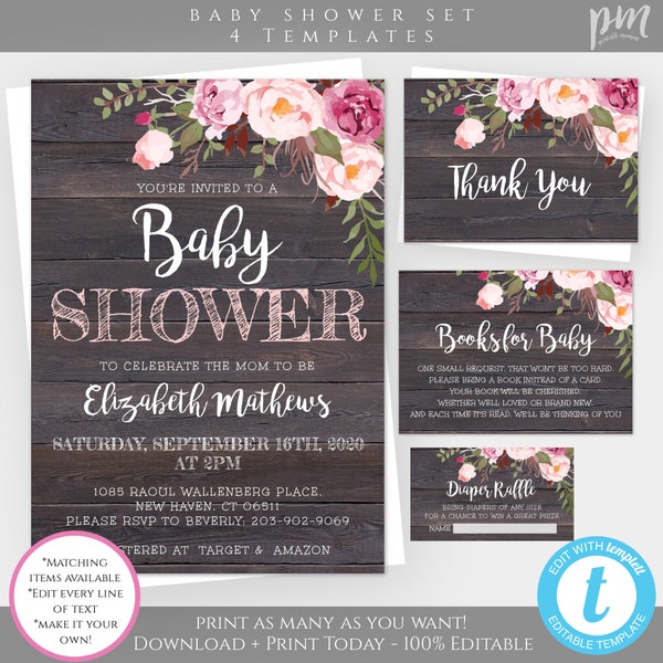 Rustic Floral Baby Shower Template Set, Baby Shower Invitation, Printable Baby Shower Invite, Editable Template, Instant Download, BSRF3