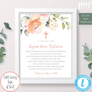 Personalized Prayer Sign for Girl, Editable Peach Floral Sign, Baptism Gift Girl, Unique Baptism Sign, Baby Name Sign, Custom Sign, BAP4