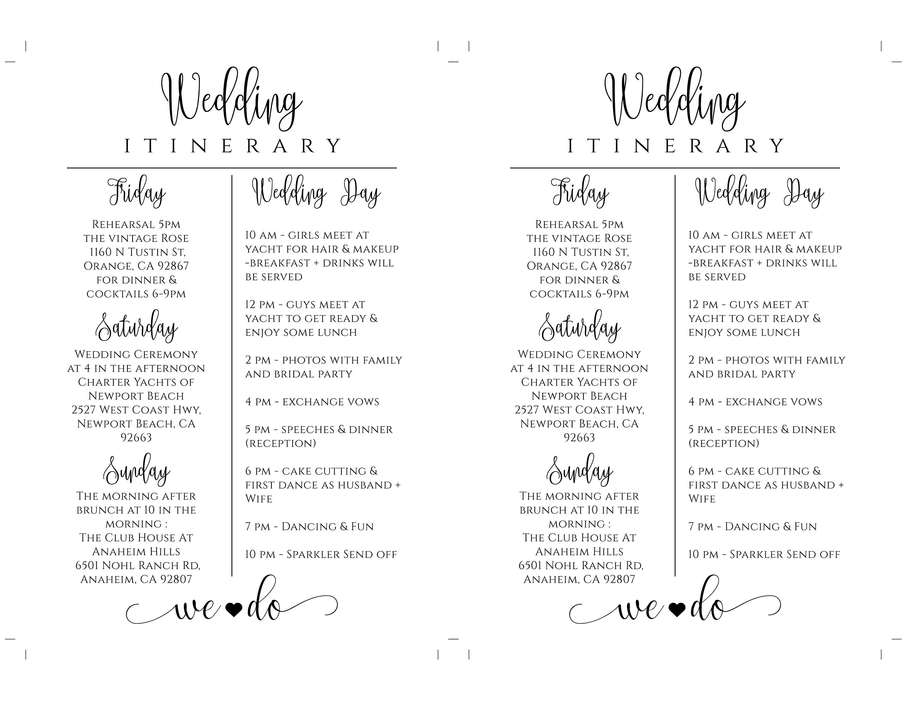 Wedding Itinerary Templates