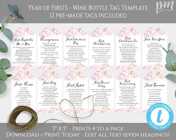 A Year of Firsts Wine Bottle Tag Template, Wedding Milestone Wine Labels, Marriage Milestone, Wedding Gift, Wine Poem, Custom Wine Label WSP
