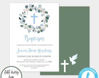 Boy Baptism Invitation Template, Greenery Baptism Invitation, Printable Baptism Template, Christening Invite, Blue Cross Invite for Boy BAP2
