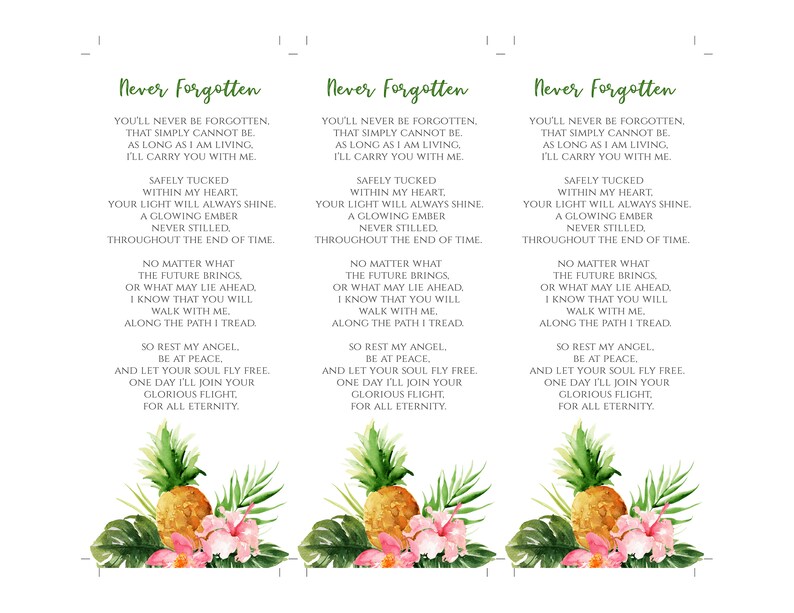 Hawaiian Funeral Bookmark Keepsake Template Tropical DIY - Etsy