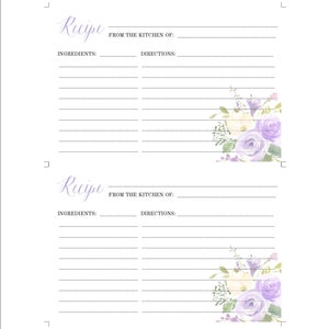 Lilac Recipe Cards (Set Of 25) 4x6 Inches. Double Sided Card Stock Elegant Pastel Purple Calligraphy Recipe Cards | Molly