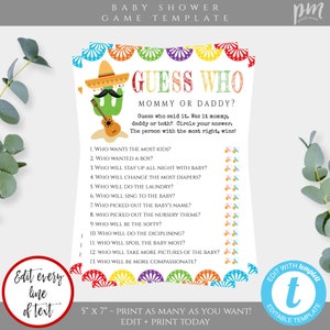 Guess Who Mommy or Daddy Game, Fiesta Baby Shower Game Template, Taco Baby Shower, Mexico Theme Shower, Editable Cactus Theme Template, BSTF