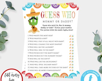 Guess Who Mommy or Daddy Game, Fiesta Baby Shower Game Template, Taco Baby Shower, Mexico Theme Shower, Editable Cactus Theme Template, BSTF