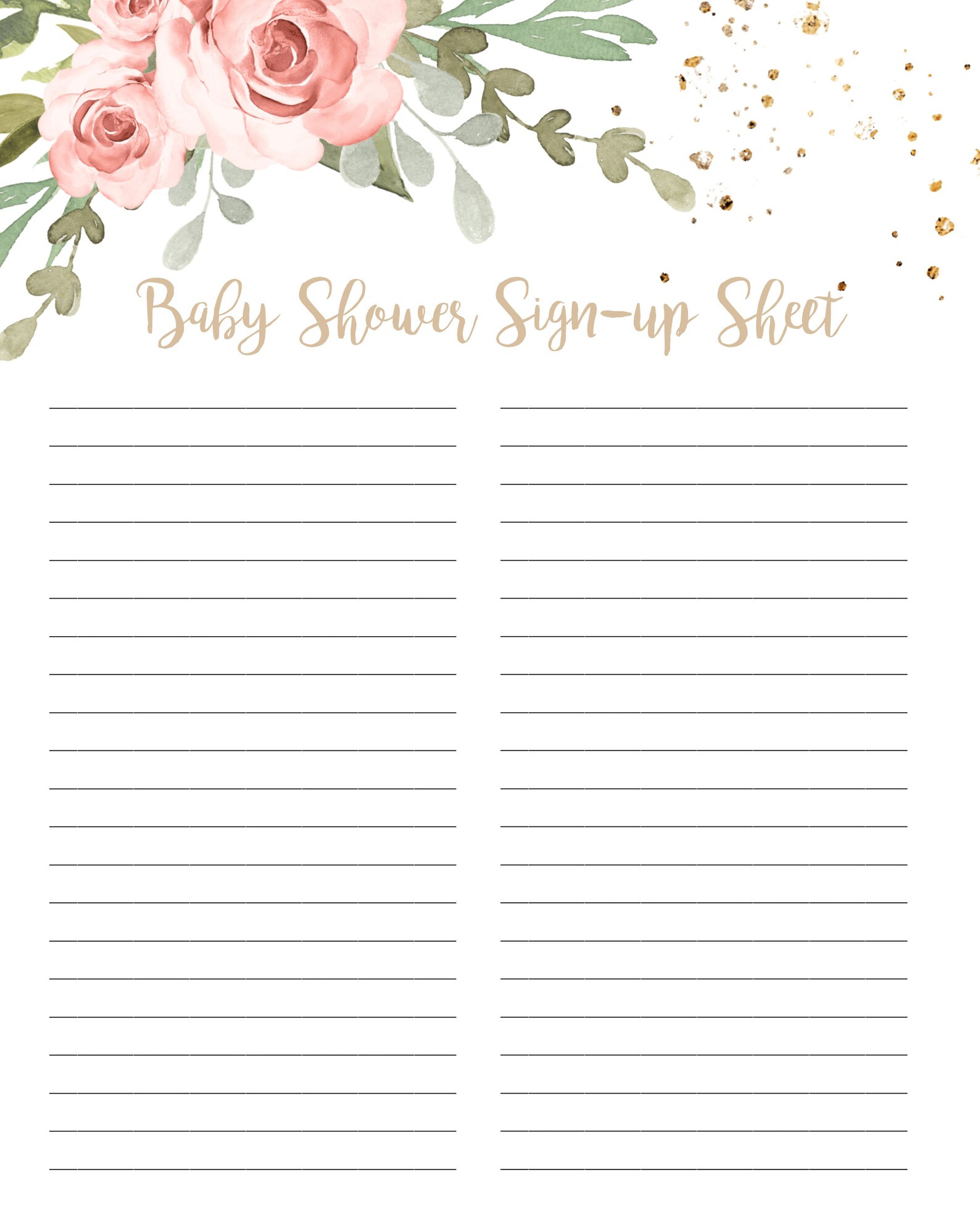 Blush Floral Baby Shower Signup Sheet Template Gold Etsy