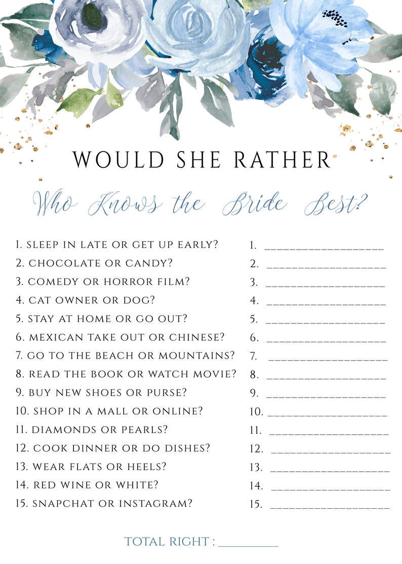 Blue Floral Would She Rather Game Template for Bridal Shower - Etsy