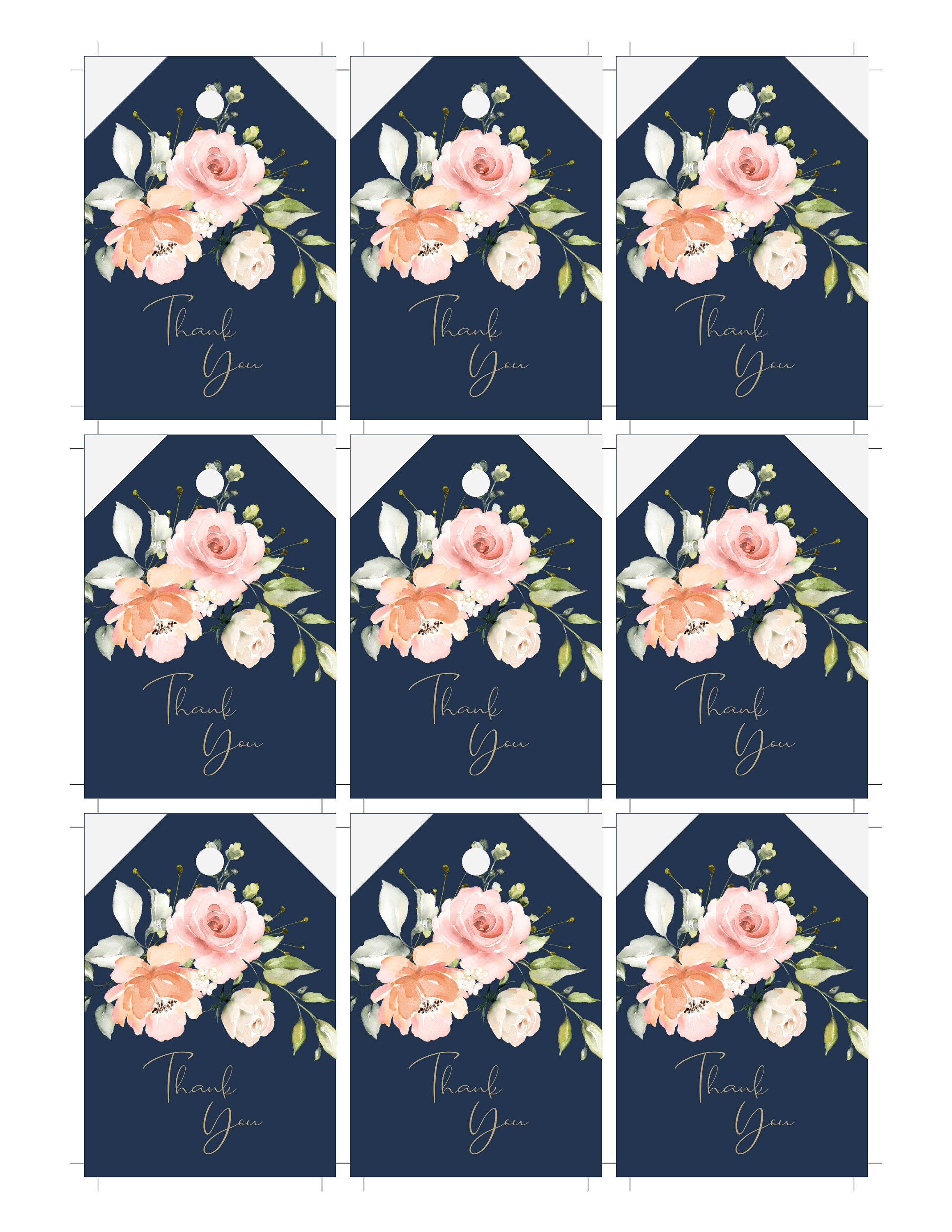 Navy Gold With Peach Watercolor Flowers Favor Tag Template | Etsy