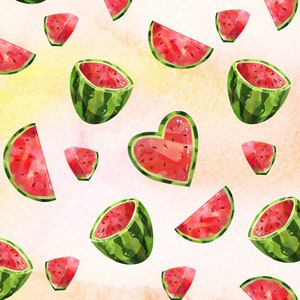 May include: Watercolor illustration of various watermelon slices and shapes, including wedges and a heart shape, scattered across a light pink and yellow background. The watermelons have green rinds and red flesh with black seeds.