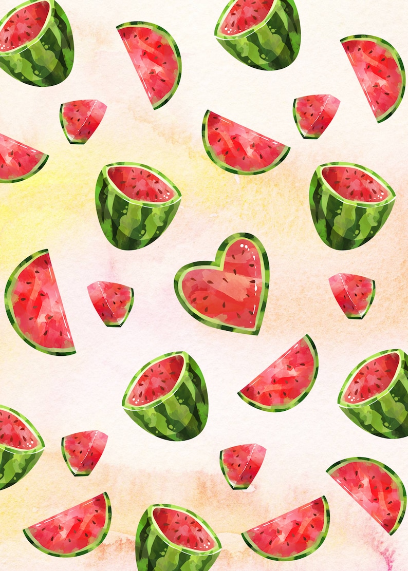 May include: Watercolor illustration of various watermelon slices and shapes, including wedges and a heart shape, scattered across a light pink and yellow background. The watermelons have green rinds and red flesh with black seeds.