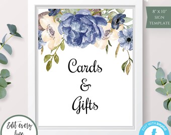Blue Floral Cards & Gifts Sign, Gifts And Cards Sign, Printable Gifts Sign, Editable Cards Sign, Instant Download, Calligraphy Wedding, BFOW