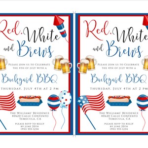 Pu&ograve; includere: Un invito rosso, bianco e blu per un barbecue in giardino il 4 luglio. L'invito presenta una bandiera americana rossa, bianca e blu, un hot dog e una boccale di birra. Il testo sull'invito recita "Red, White, and Brews" e "Backyard BBQ".