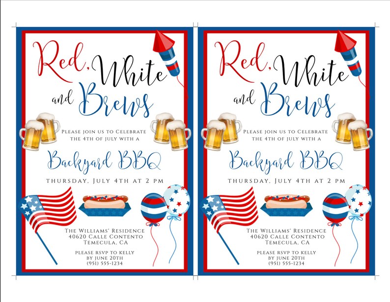 Pu&ograve; includere: Un invito rosso, bianco e blu per un barbecue in giardino il 4 luglio. L'invito presenta una bandiera americana rossa, bianca e blu, un hot dog e una boccale di birra. Il testo sull'invito recita "Red, White, and Brews" e "Backyard BBQ".