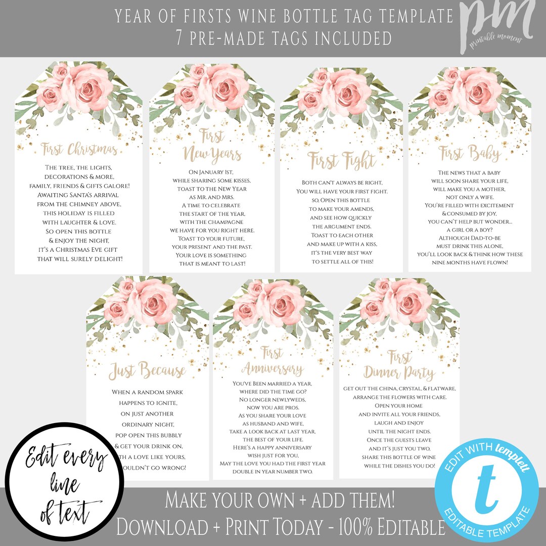 A Year of Firsts Wine Bottle Tag Template, Wedding Milestone Wine