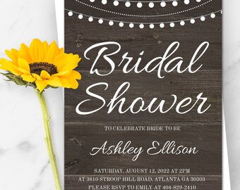 Rustic Bridal Shower Invitation Template with String Lights, Country Wedding, Edit + Print Yourself, 5 x 7 Instant Download, Templett, WBRL2