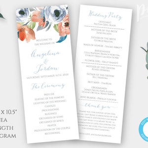 Blue + Coral Wedding Program Template, Editable Tea Length Ceremony Program, Printable Dusty Blue Program, DIY Self Edit Download, WBBC