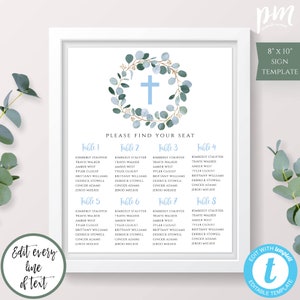 Blue Baptism Seating Chart Sign Template 8&quot; x 10&quot;, Boy Baptism Welcome Sign, Editable Greenery Baptism Sign, Printable Welcome Sign, BAP2