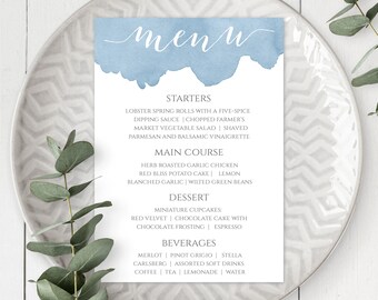 Dusty Blue Menu Template for Wedding, DIY Editable Blue Watercolor Menu, Printable Light Blue Menu Instant Download, Script Menu, WBDB