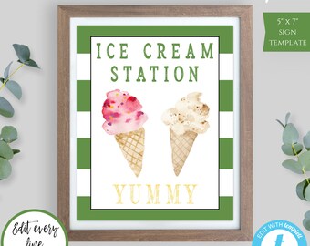 Ice Cream Station Birthday Sign Template, Editable Sign for Summer Birthday, Personalized Printable Sign, Watercolor Kid's Birthday GPB