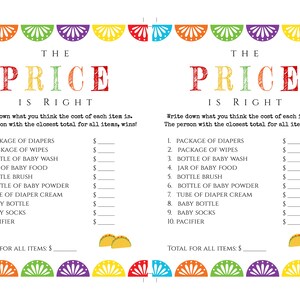 May include: A white game sheet with the text "The Price is Right" in colorful letters. The game lists baby-related items like diapers and baby bottles, with spaces to write down the estimated cost. Colorful banner decorations are at the top and bottom.