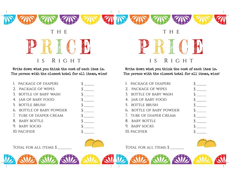 May include: A white game sheet with the text "The Price is Right" in colorful letters. The game lists baby-related items like diapers and baby bottles, with spaces to write down the estimated cost. Colorful banner decorations are at the top and bottom.
